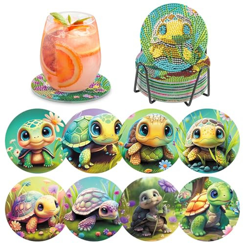 MOGTAA 8 STK Diamond Painting Untersetzer mit Halter, Diamond Painting Schildkröte, Diamant Malerei Set Bilder Erwachsene Kinder, Tiere Diamant Tassenuntersetzer mit Kork, für Home Dekor