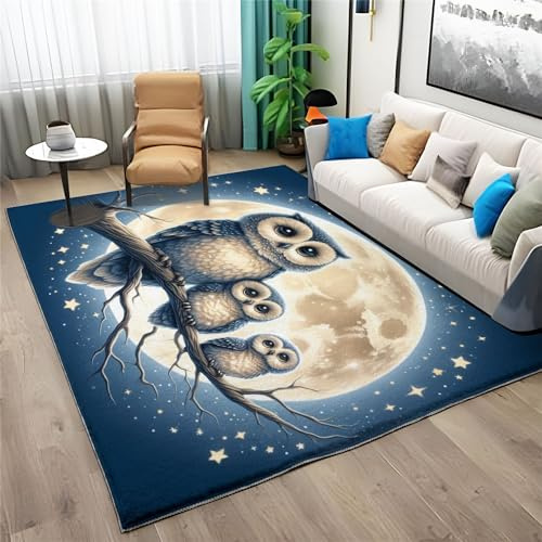 Teppich Vögel Eule Sterne Galaxie Motiv Kinder Jungen Blau Teppich Dekoration Schlafzimmer Kinderzimmer Wohnzimmer, Modern rutschfest Waschbar Flanell Rechteck Teppiche 80x150cm