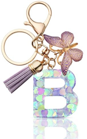 CHUQING Porte-clés avec lettre porte-clés fille initiale cadeau femmes porte-clés papillon, violet, Lilas B, S