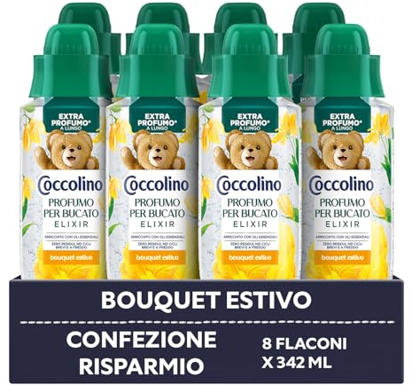 Coccolino Profumo per Bucato Bouquet Estivo, Extra Profumo* a lungo. Efficace Anche a Freddo e nei Cicli Brevi, con note di fragranza Ambra, Gelsomino, e Fiori d'Arancio, 8 Pezzi da 342ml