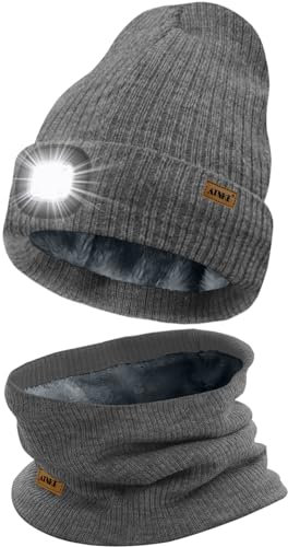 ATNKE LED Mütze mit Licht und Schal Set, Wiederaufladbare USB 4 LED Beleuchtete Laufmütze Winter Warme Gefütterte Fleece Halsschlauch und Stricken Mütze für Herren und Damen Geschenke/Grey