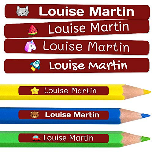 100 personalisierte Klebeetiketten für Bleistifte und Kugelschreiber. Schulaufkleber mit Namen zum Markieren von Gegenständen. Wasserfeste Aufkleber für Schule und Kindergarten Maße 4,6 x 0,6 cm