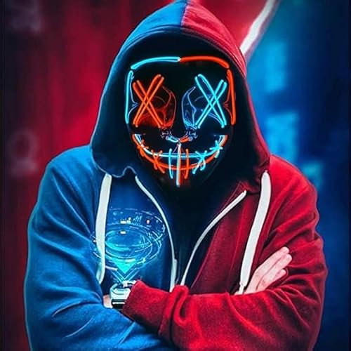 XiXiYang Scary LED Face Halloween Mask,3 Lighting Modes LED Face Transforming Masks,Light up Masks for Deadpool and Iron Fans for Men Women Adults for Costume Cosplay Party Masquerade, (Blue+ Red)