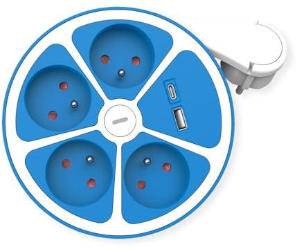 ROLINE Regleta de enchufes de 4 Tomas con Interruptor, Redonda, versión UTE, + Cargador rápido, 1x USB A+C, Azul, 1,5 m