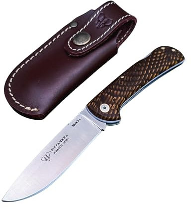 Navaja Cudeman 389-JM Mini Pandora con hoja de acero Böhler N690Co de 8 cm y empuñadura de juma, olivo o nogal de 10 cm para Caza, Pesca, Supervivencia + Portabotellas Regalo (Juma CON funda)