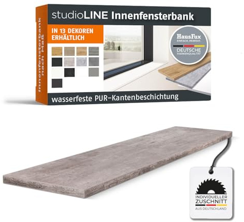 HausFux studioLINE MDF-Innenfensterbank nach Maß - 1,8 cm stark, melaminbeschichtet, mit ABS-Kante - Made in Germany - individueller Zuschnitt (Classic Beton, T x L | 30 x 100 cm)