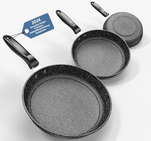 Pfannenset 3-teilig, 26cm+28cm+30cm Bratpfanne 3-teiliges Set zum Kochen, professionelle Bratpfannen mit Antihaftbeschichtung und kühl bleibendem Griff, PFAS-frei, spülmaschinenfest (QR7)