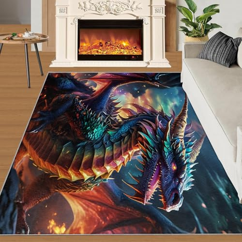 SANSJI Bunte Drachen-Teppiche für Wohnzimmer, magische Tierteppiche für Schlafzimmer, magische Welt, schmutzabweisend, rutschfest, waschbar, für Esszimmer, 140 x 200 cm