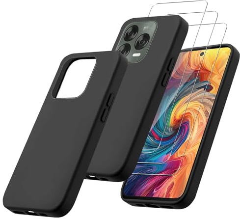 MIBZOR 4-in-1 Black Case Compatible with ZTE Blade V70 Vita/Nubia V70 Design (6.7 inches), 1 Mobile Phone Case and 3 Pieces Protective Glass Tempered Glass, Black Protective Case, Soft Silicone