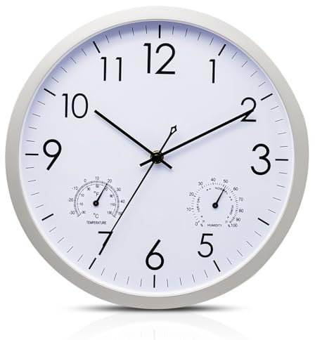 WIYETY Orologio da parete rotondo al quarzo: orologio da parete da 30 cm con termometro e igrometro, telaio in acciaio inox, funzionamento a batteria per cucina, soggiorno, camera da letto, ufficio
