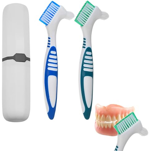 2PCS Denture Brush with Case,Denture Toothbrush with Double Bristle Heads,Portable Retainer & False Retainer Brush,Denture Brushes for Cleaning False Teeth,Ergonomic Rubber Handle(Blue,Green)