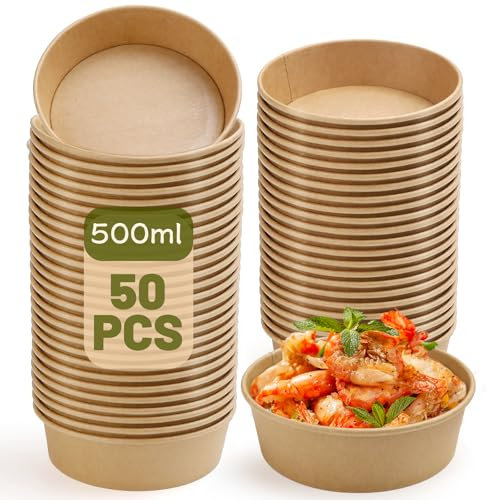 Bols Jetables 50 Pièces Bol Jetable 500ml Bol Carton Jetable Assiette Creuse Jetable pour Usage Quotidien Restaurants BBQ Party Ø 150 x 45mm