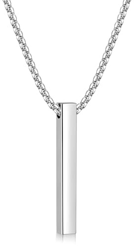 Fiusem Pendant Necklace for Men, Silver Tone Rectangular Pierced Necklace for Mens with 2.5 mm Box Chain, Stainless Steel Bar Chain, 20 Inches