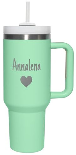 Thermobecher personalisiert „Wunschname“ mit Gravur & wählbarem Symbol - Trinkbecher mit Deckel und Strohhalm 1,2 l / 40 oz - Geschenk Geburtstag Weihnachten - Farbe Mint