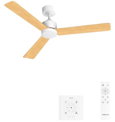CREATE / WIND MODERN M/Ventilador de techo con luz blanco madera clara con controlador de pared y mando / 40W, Luz LED 3 temperaturas, Ø132 cm, programable, 6 velocidades, función verano-invierno
