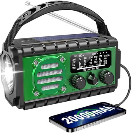 Solar Notfallradio, Kurbelradio mit 20000 mAh Powerbank, AM/FM/SW/WB Wetterradio, 4 Stromquellen, Taschenlampe & USB-C-Ladegerät & SOS-Alarm, IPX6 wasserdicht für Outdoor, Camping, Baustellen, Grün