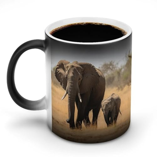 FZMVSQH Tasse à café magique en forme d'éléphants qui marchent - Tasse à café personnalisée à changement de couleur - Sensible à la chaleur - Avec poignée - 325 ml - Tasse amusante en céramique pour