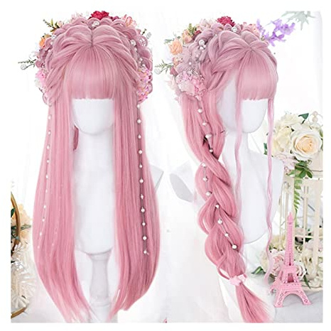 Perruque Naturel Perruque rose avec frange longue perruque rose droite for femmes fille perruques synthétiques colorées résistantes à la chaleur for l'utilisation de costumes de fête cosplay Perruque