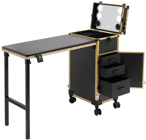 Kosmetikkoffer Trolley mit Tisch und 5 Schubladen, Schminkkoffer Professioneller Make-up Koffer mit Spiegel und Universalrollen, Nagelkoffer Friseurkoffer Mobile Makeup-Station