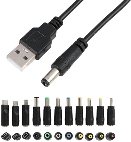 11 en 1 Adaptador de Corriente CC, Hembra a Macho Adaptador con 1 Cable USB a CC y 11 Conectores Intercambiables, Compatible con Ventiladores, Routers, Cámaras y Más Dispositivos de 5V