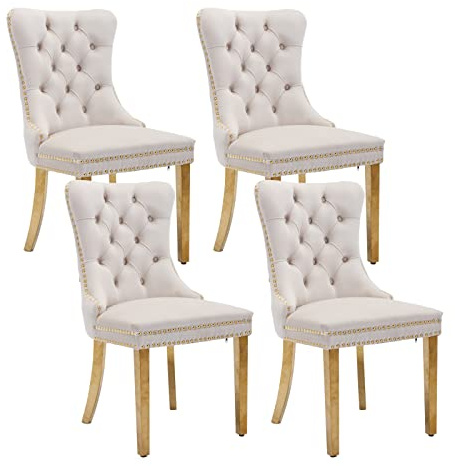 Shenyon Beige Samt-Esszimmerstühle 4er Set, Goldfarbene Edelstahlbeine | Mid Century Modern Stil; Rückenlehne mit Knopfheftung; Ziernägel; dekorativer Ringgriff; bequeme Polsterung; einfache Montage