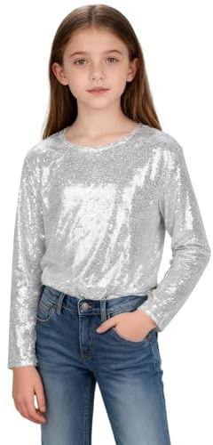 XINYUNZU Pailletten Langarmshirt Mädchen Jungen Glitzer Shirt Longsleeve Top Mode Oberteile Rundhals Glitzeroberteil T-Shirt Langarm für Kinder und Teenager Karneval Party Festival Silber 5-6 Jahre