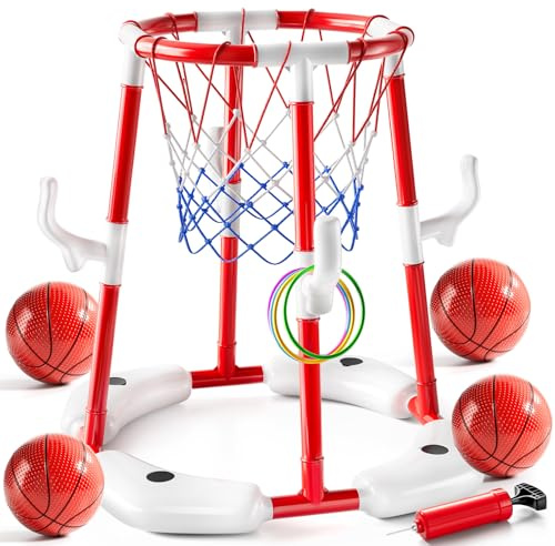JUKUDAHU Pool Basketball Hoop for Kids 3-12, 2-in-1 Floating Pool Toys | Ring Toss Game, 4 Balls, Pump, Outdoor Swimming Pool Game Water Toy, Family Party for Boys Girls Adults