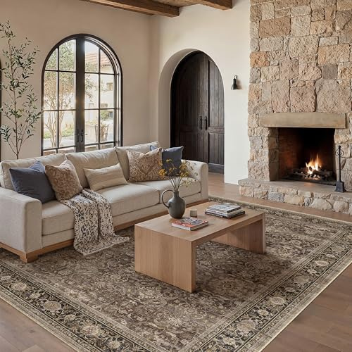 PureCozy Vintage Teppich Wohnzimmer 200x300cm Braun Waschbar Rutschfester | Waschbarer Retro Teppich,Weich,Rutschfest Kurzflor Rug,Groß,für Schlafzimmer, Esszimmer,Büro,Carpet,Teppiche