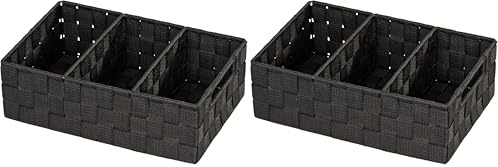 WENKO Organizer Mod. Adria, Aufbewahrungskorb mit 3 Fächern und praktischem Griff, Feste Trennwände, hochwertiges Kunststoffgeflecht mit Metallstangen für extra Stabilität, 32 x 10 x 21 cm, Schwarz