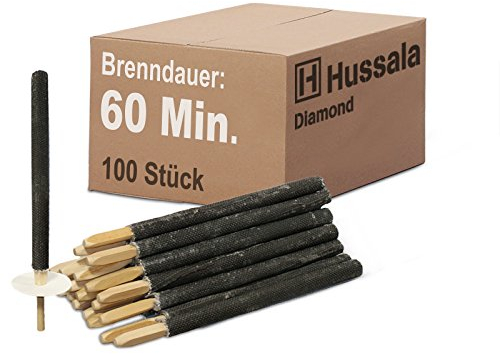 Hussala Diamond Wachsfackeln [100 Stück / 60 min] mit Holzstab und Tropschutz, Garten Fackeln aus Diamond-Wachs