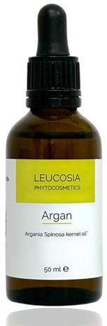 Leucosia Olio di Argan Puro 100% Biologico Certificato AIAB, 50 ml, Spremuto a Freddo, Per Capelli, Corpo, Viso, Unghie, Idratante, Nutriente e Antiossidante, Flacone Vetro, Vegan, Packaging Ecologico