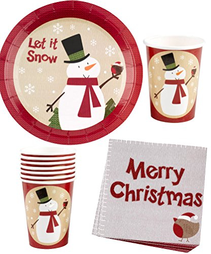 Karneval-Klamotten Partygeschirr Weihnachten Party Set Tischdeko Luxus Schneemann 32 Teile Weihnachts-Teller Becher Servietten