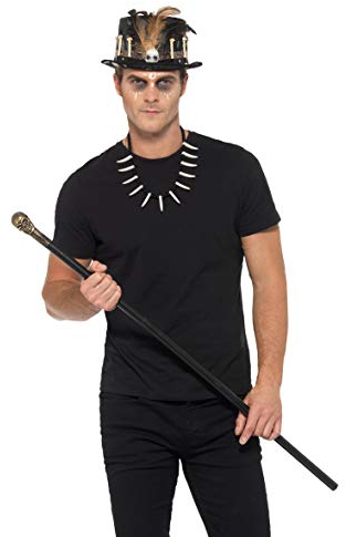 Smiffys Voodoo-Set, mit Feder-Zylinderhut, Schwarz, Abnehmbarer Schädel-Stock & Knochen-Halskette