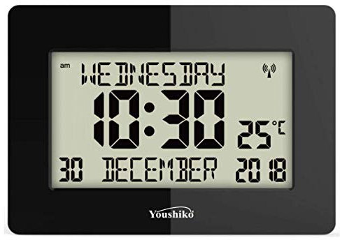 Youshiko Radio Controlled Silent Large LCD Wall Clock (Offical UK Version) Auto Set Up with Day Date Month Helpful for DEMENTIA & ALZHEIMER SUFFERERS (Black)
