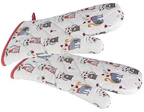 SPOTTED DOG GIFT COMPANY Manoplas para Horno, Guantes de Cocina, Resistentes al Calor con Puños Largos, Divertido Diseño de Gato y Casa, Regalos para Cocineros y Amantes de los Gatos