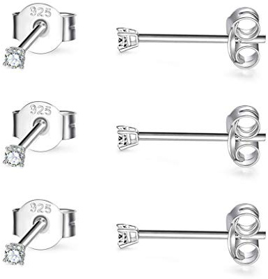 CERSLIMO 3 Pairs Sterling Silver Stud Earrings for Women Men Girls 2mm Tiny Round Cubic Zirconia Stud Earrings Pearl Earrings Ball Earrings Set Cartilage Small Tragus Earrings for Sensitive Ears