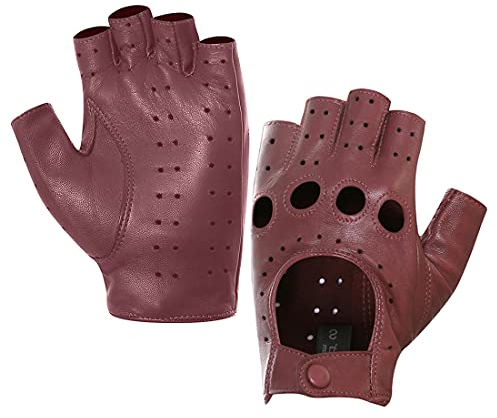 Harssidanzar Damen Halbfinger Lederhandschuhe für fahren Fingerlose Lammfell ungefüttert HandschuheGL012,Burgund,Größe S