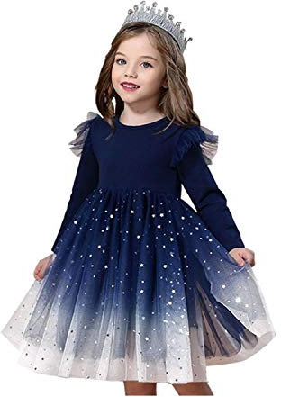 NNJXD Ragazza Vestito Lungo Maniche Bling Stelle Stampato Tutu Compleanno Principessa Vestito Taglia130(5-6 Anni) 1220 Blu-A