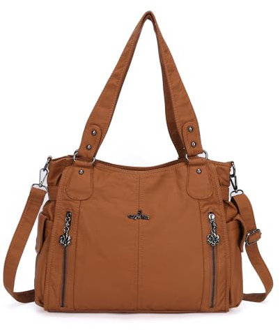 ZOCAI AngelKiss Handtasche Damen Schultertasche Multifunktionale Umhängetaschen Gewaschenes Veganes Leder Wasserdicht mit Reißver Schlusstaschen Reißverschlusstasche (Braun)
