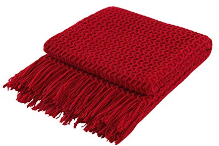 Couverture décorative super douce en tricot pour canapé, chaise, lit, jeté de sieste, légère, douce et confortable comme du cachemire, motif de tissage délicat avec franges, rouge, 127 x 152 cm