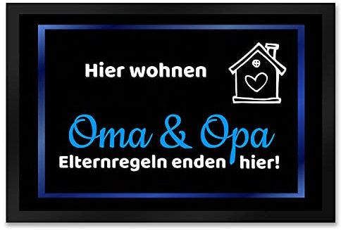 trendaffe - Hier wohnen Opa und Oma Fußmatte XXL in 50x75 cm - Elternregeln Enden Hier in blau die Großeltern Schmutzfangmatte als Geschenk zum Geburtstag, Weihnachten oder Goldener Hochzeit