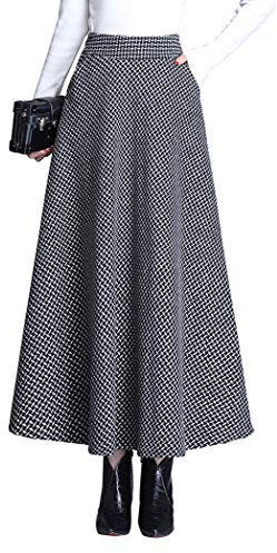 Jupe Longue Femme Hiver Vintage Élégant Taille Haute Carreaux Taille élastique Maxi Jupe Laine Chaud A-Line Plissée Jupe Casual Party B Black M