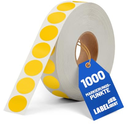 Labelident Markierungspunkte, Klebepunkte gelb - Ø 20 mm - 1.000 wasserfeste PE-Folie (Polyethylen) Aufkleber auf Rolle, Inventuretiketten selbstklebend