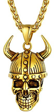 U7 Damen 18k vergoldet Odin Schädel Halskette Gold Wikinger Totenkopf Anhänger mit 55+5cm/3mm Weizenkette Herren Cool Amulett Halsschmuck Fashion Modeschmuck für Geburtstag Weihnacht