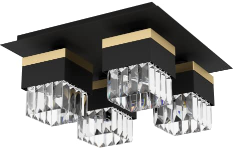 EGLO Deckenleuchte Barrancas, Kristall Deckenlampe 4-flammig, edle Deckenbeleuchtung aus Metall in Schwarz und Gold, Glas in Transparent, Wohnzimmerlampe mit E14 Fassung