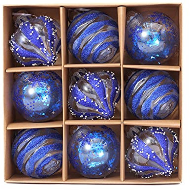 9 Stück Kunststoff Weihnachtsbaumkugeln, 8cm Bruchsichere hängende Christbaumkugeln mit Gemaltes Muster Gold Silber Blau Weihnachtsbaumkugeln Set Kunststoffkugeln Weihnachtsbaumschmuck Dekoration