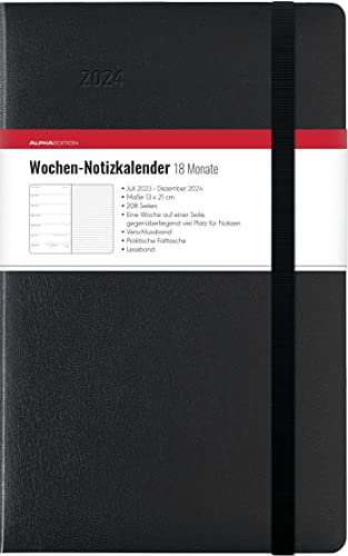 Wochen Notizkalender 18 Monate groß Black 2024 - Taschen-Kalender 13x21 cm - mit Verschlussband & Falttasche - Juli 2023 bis Dez 2024 - Weekly - 128 Seiten