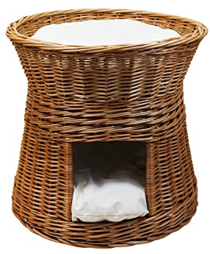 Katzenkorb zum Schlafen – Katzenhütte Indoor – Durchmesser: 47 cm rund – Katzenhöhle aus Weide – Zweistöckiger Hunde – oder Katzenbett – Farbe Rindenweide Natur (Weidenhaus mit Kissen Ecru)