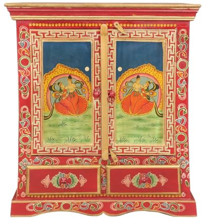 Oriental Galerie Indisches Sideboard Sarma mit Buddha Motiv verziert, in Rot Wandschrank Holzschrank Schrank Kommode Holz Yoga Tibet 90 cm