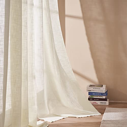 Topfinel Gardinen Kurz Fenster Boho Gardinen mit Ösen 140x145 cm (B x H) Vorhang Kurz Leinenoptik Halbtransparent Ösenschal 2er Set Gardinen Wohnzimmer Luftig Dekoschal für Schlafzimmer Hellbeige